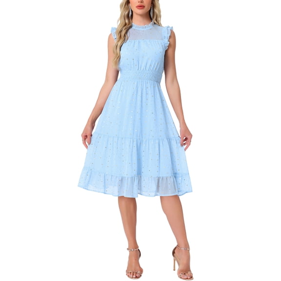 Vestido de Halloween sin mangas de gasa para mujer INSPIRE CHIC, con cintura fruncida y estrellas metálicas doradas, vestido de fiesta azul claro talla S