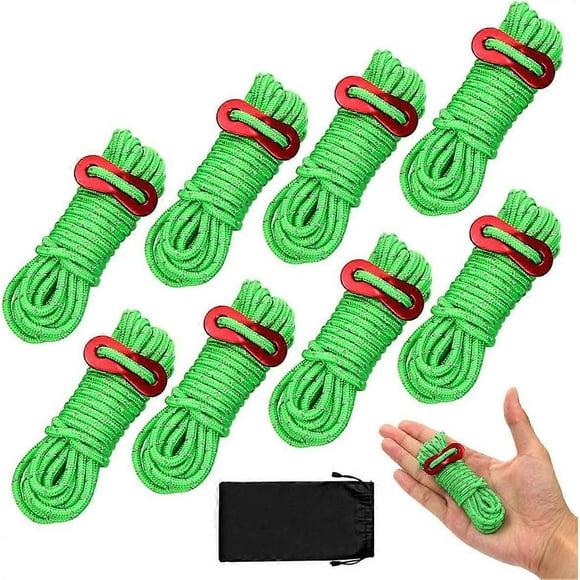 8 Pack Reflective Tent Guy Ropes, Light-Weight Tent Guide Lines Cord with Aluminum Tensioners Adjust