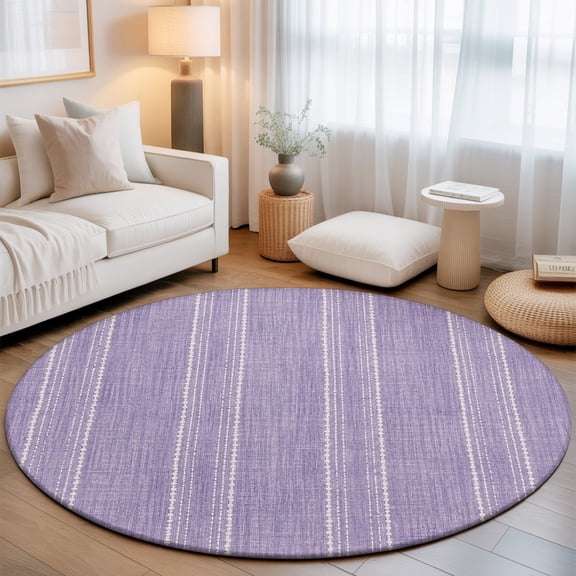 Lilac Purple Striped Round Living Room Rugs 3.3 ft, Coastal Grandma Farmhouse Rustic Linen Texture Washable Area Rug with Non-Slip Sturdy Edge Binding Round Front Door Mat Floor Carpet for Entryway