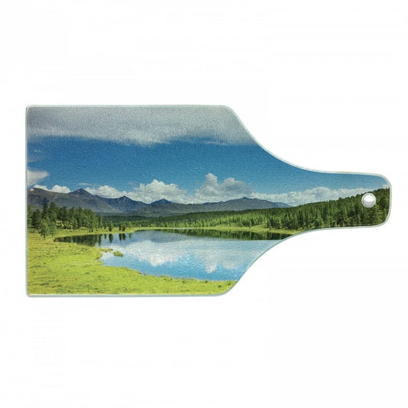 Landscape Cutting Board, Mountain Woodland Forest and Lake in Sunny Cloudy Sky Summer Nature, Decorative Tempered Glass Cutting and Serving Board, Wine Bottle Shape, Green Blue White, by Ambesonne