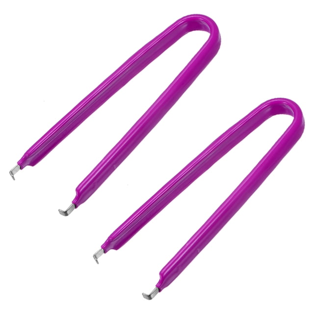 IC Puller Chip Extractor Stainless Steel with Insulated Vinyl Grip Purple 2 Pcs. The image shows two IC pullers with a total length of 105mm (4.13 inches) and an opening width of 45mm (1.77 inches). Made of stainless steel and plastic, these tools feature a purple insulated vinyl grip for safe handling. Designed for removing ICs from chip circuit boards, motherboards, and ROMs without causing damage. Ideal for repair technicians and IC workers.