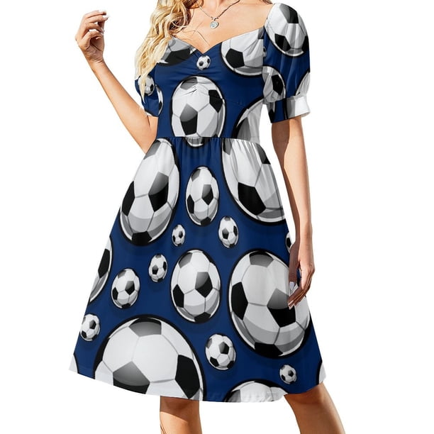 Vestido de noche de manga corta con estampado de balón de fútbol azul para mujer