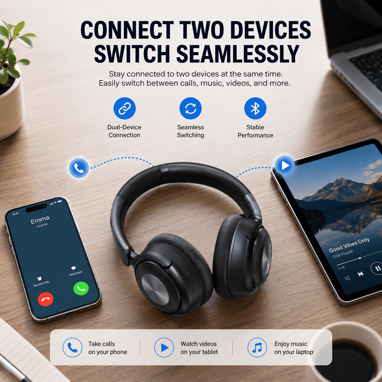 Hybrid Active Noise Cancelling Headphones, -50dB Bluetooth Headphones 5.4, 70H Playtime,Clear Call with 6 ENC Mic, Bass Boosted by 95%, Wireless Over Ear Headphones, for Travel Home Office