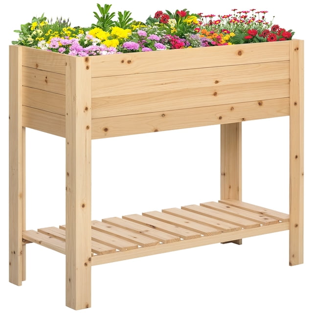 Outsunny Jardinière Surélevée en Bois avec Tablette de Rangement, Bois Naturel
