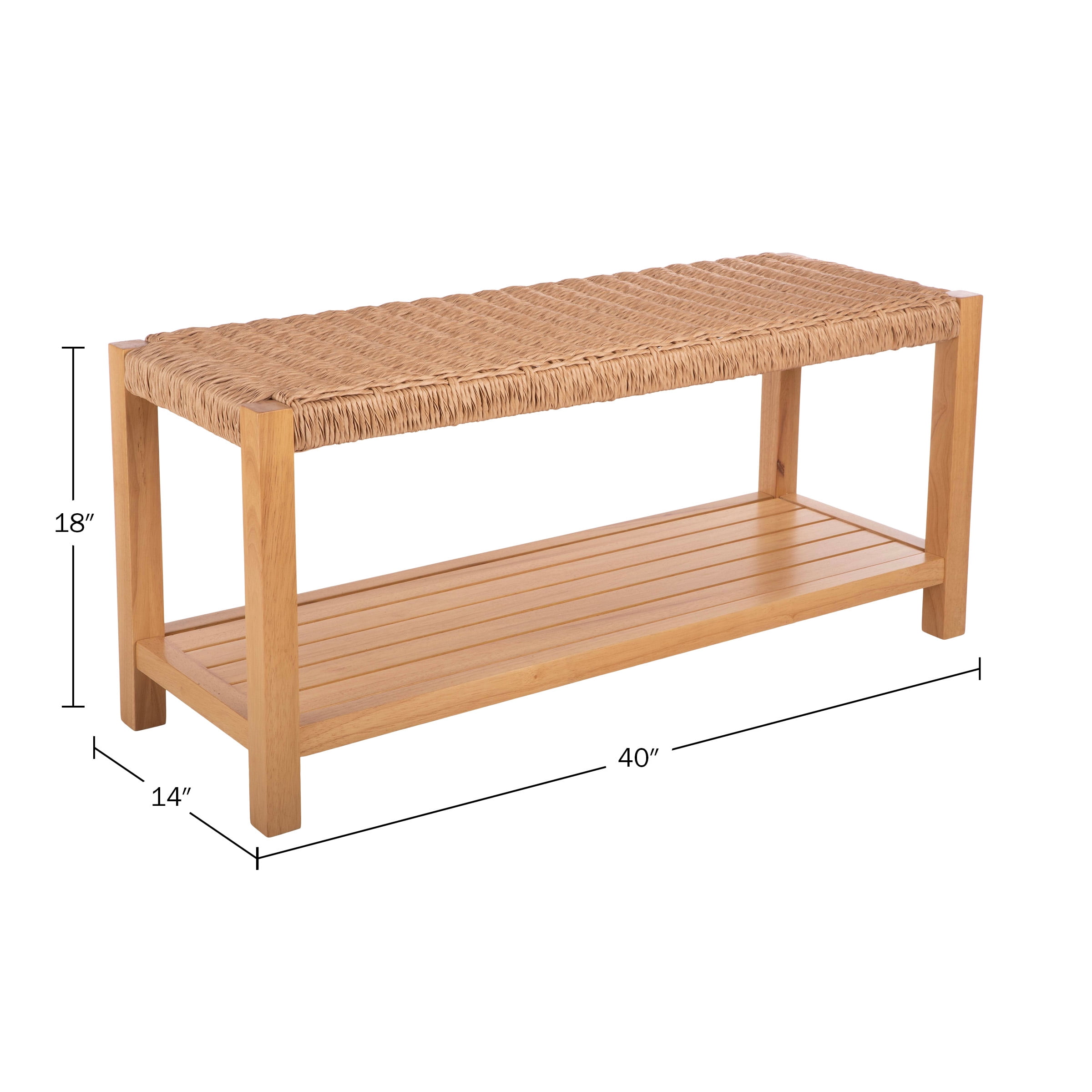Alaterre Furniture Newport 40 in. Wood Bench with Rush Seat and Storage Shelf for Entryway or Bedroom, Natural