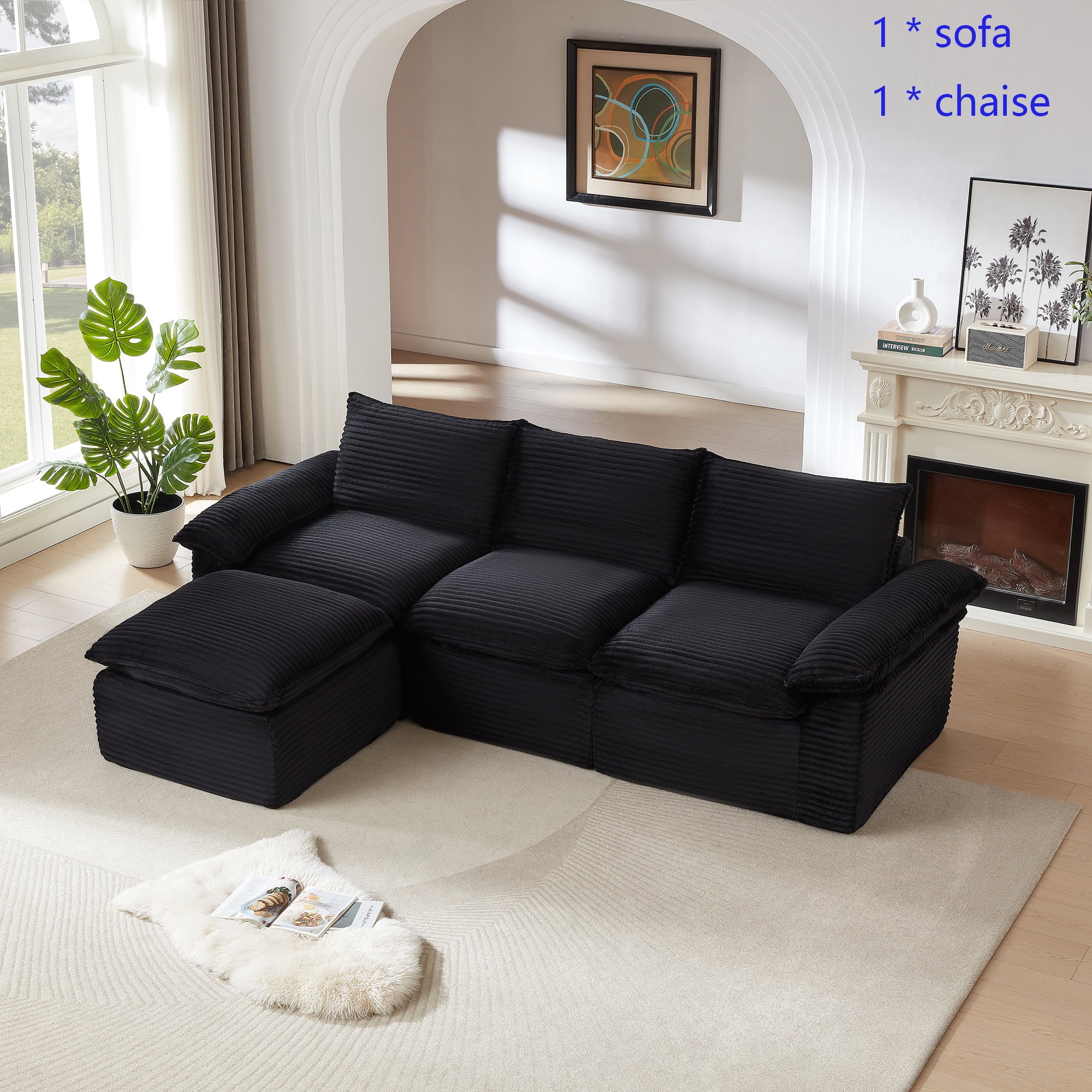 Miniyam 30.7" * 70"* 35.43" Corduroy Chaise for Sectional Sofa, Can be Freely Combined, Black