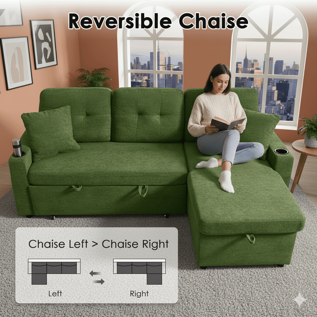 Convertible Sectional Sofa Bed, 82in Sleeper Sofa Bed with Storage Chaise for Living Room, Pull Out Couch L Shaped Couch with USB Charging Port, Cup Holder, Removable Backrest, Teddy Fabric, Green