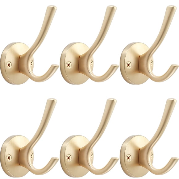 Tofiigrem Ganchos de pared dorados, paquete de 6 ganchos para batas, ganchos de baño dobles de metal resistente, ganchos para toallas de mano montados en la pared para cubículo, baño, cocina, armario,