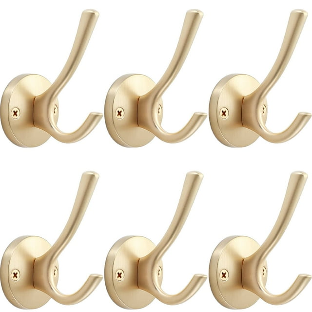 Tofiigrem Ganchos de pared dorados, paquete de 6 ganchos para batas, ganchos de baño dobles de metal resistente, ganchos para toallas de mano montados en la pared para cubículo, baño, cocina, armario,