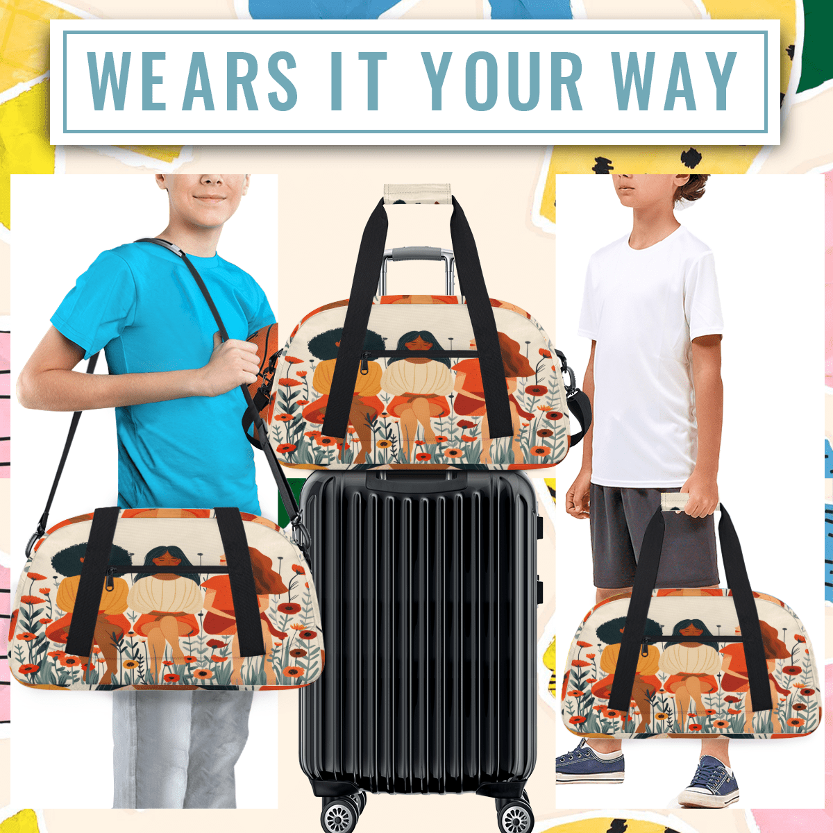 Herdesigns Sisters Theme Sports Duffle Bag for Women & Men, Floral Gym Bag Dance Bag Overnight Bag Carry On Weekender Travel Bag