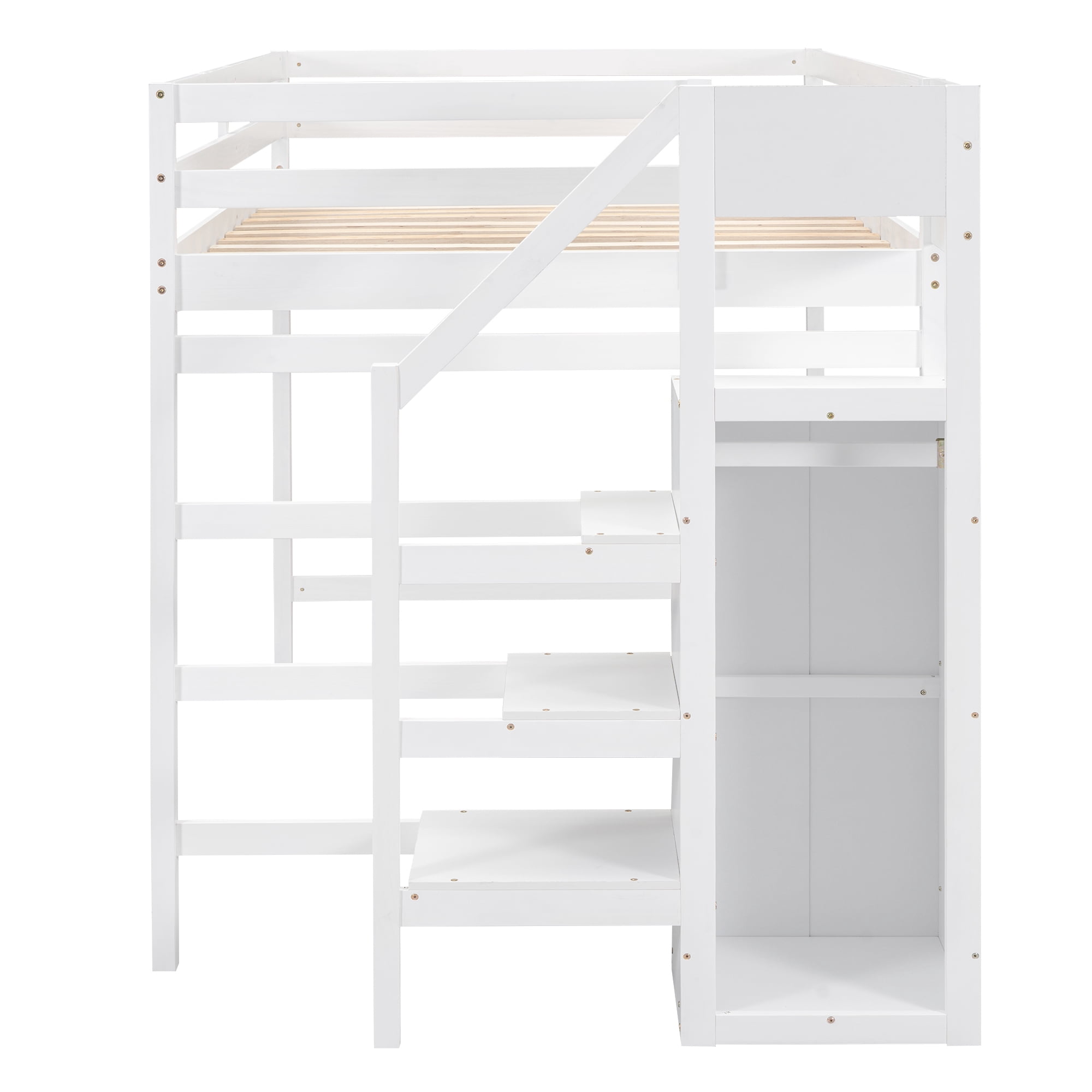 Euroco Wood Full Size Loft Bed with Storage Shelves and Wardrobe, White