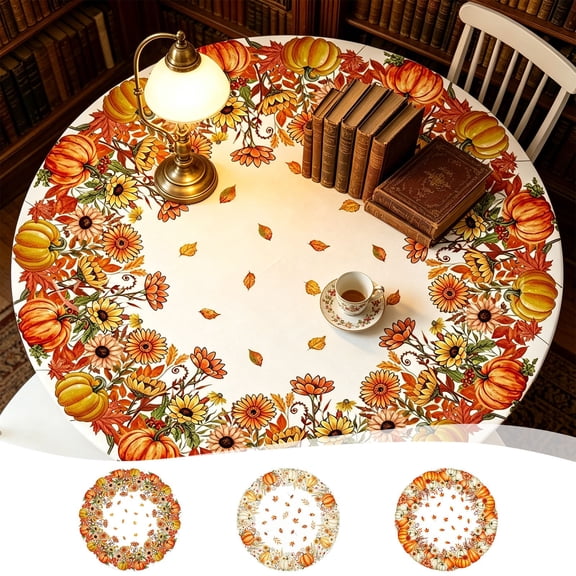 Fall & Thanksgiving Round Tablecloth, 47.3" Holiday Autumn Pumpkin Sunflower Orange Table Cloth, Farmhouse Waterproof Wipeable Fabric Table Cover for Outdoor Camping Home Party Decor