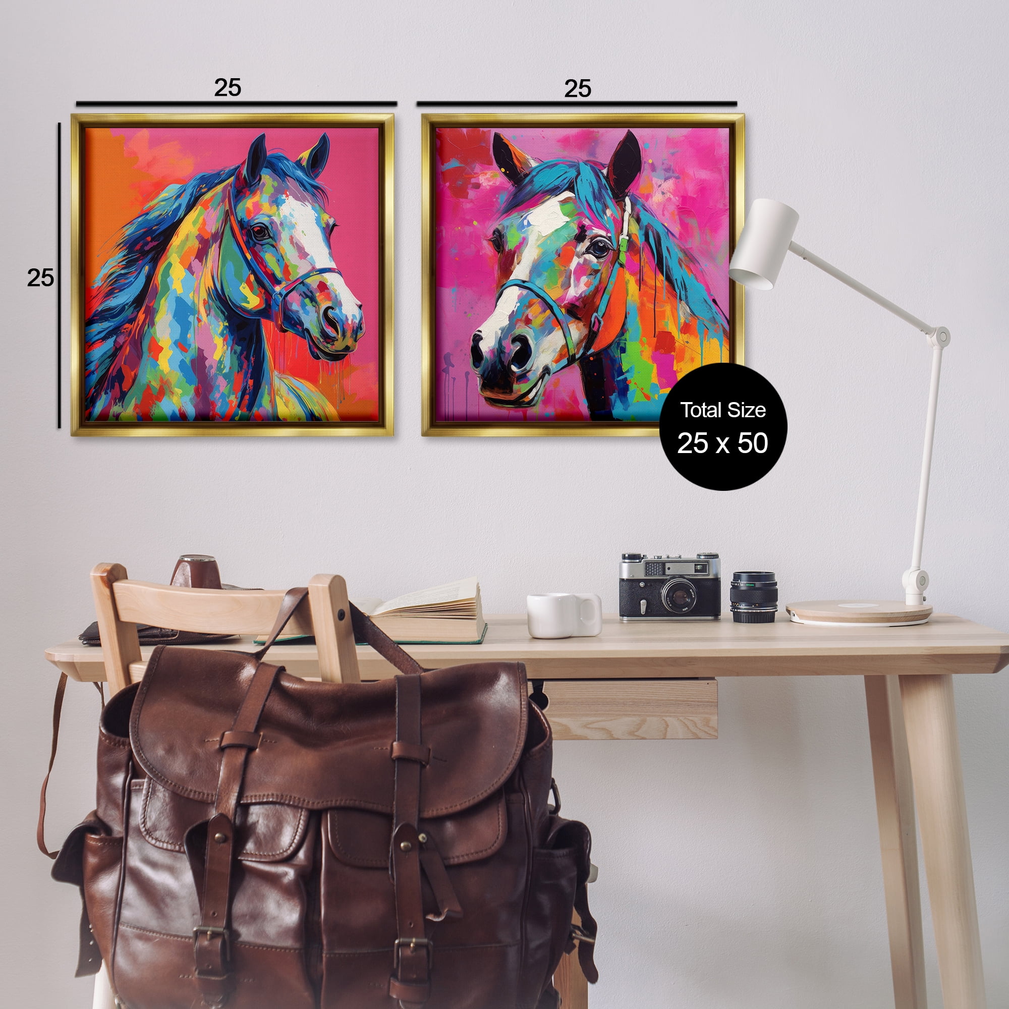 Stupell Industries Bright Neon Horse Portrait Animals Painting Gold Floater Framed Canvas Art Print Wall Art, 25 x 25, Set of 2