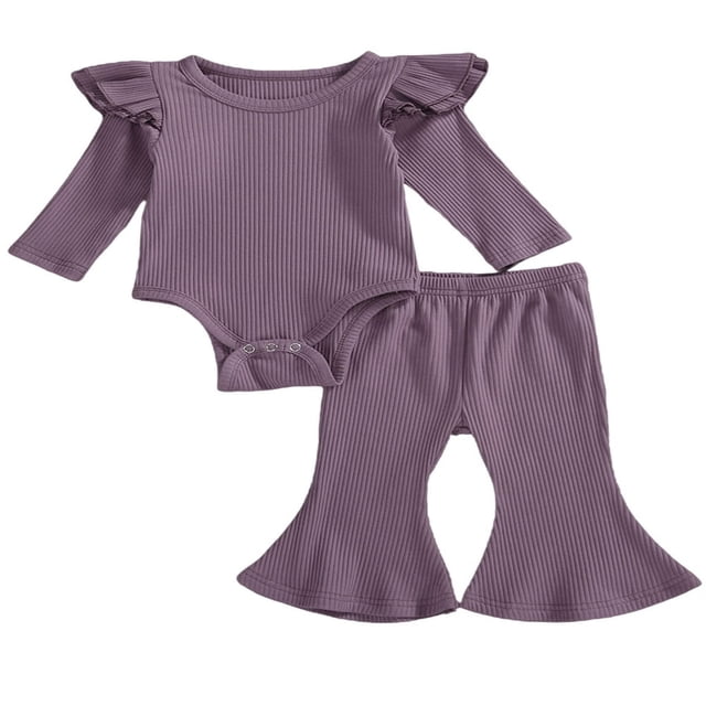 Newborn Baby Girl Boy Romper Bodysuit Top Ribbed Bell Bottom Pants Set 2Pcs Outfits
