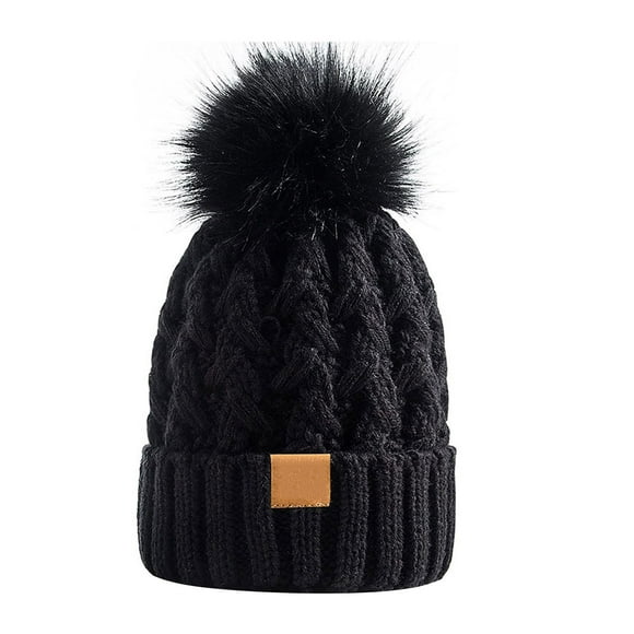 Fgnfyis Womens Winter Ribbed Cap Knit Pompom Soft Warm Hat Bomber Hats Black_006