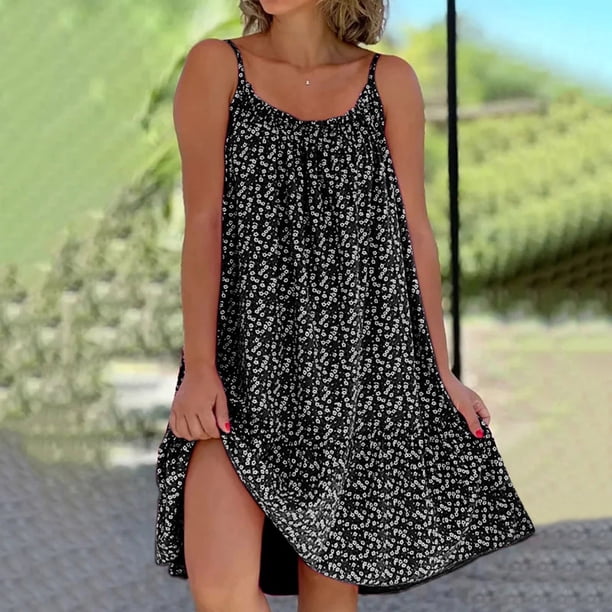 WILLBEST Vestidos Verano para Mujer Casual Floral Cuello Redondo Dobladillo con Volantes Tirantes Finos Vestido Corto sin Mangas Vestido de Playa Extra Grande
