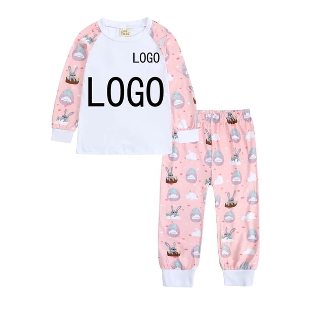 Conjuntos de pijamas personalizados para el día de Pascua de manga larga para niños y niñas, ropa de dormir cómoda y encantadora con estampado en forma de conejo y corazones, añade tu texto