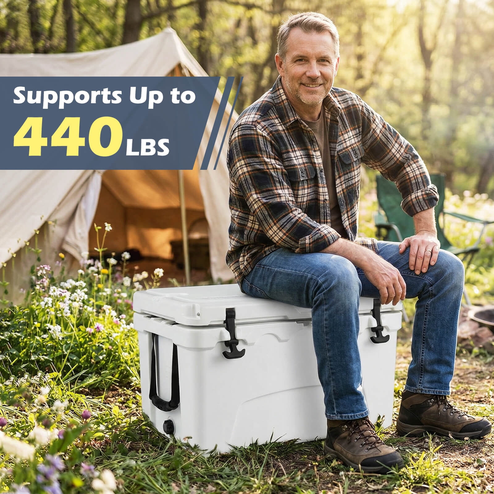 Costway 42.5 L Portable Hard Cooler with 2 Cup Holders,Ruler & Opener,cool for up to 6 Days White