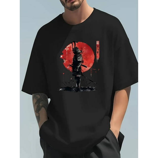 Nouveau T-Shirt Imprimé Samouraï Anime Japonais, Col Rond à Manches Courtes pour Hommes, Style Simple, Coupe Régulière en Pur Coton, Haut Décontracté Confortable et Respirant pour les Vacances de Printemps et d'Été
