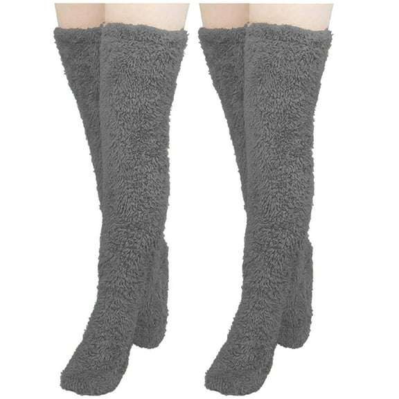 WREESH Women Fashion Thigh High Socks Over Knee Stockings 2 Pairs High Fuzzy Socks Over Knee Winter Leg Warmers Plush Slipper Socks For Christmas Home Sleeping Dark Gray