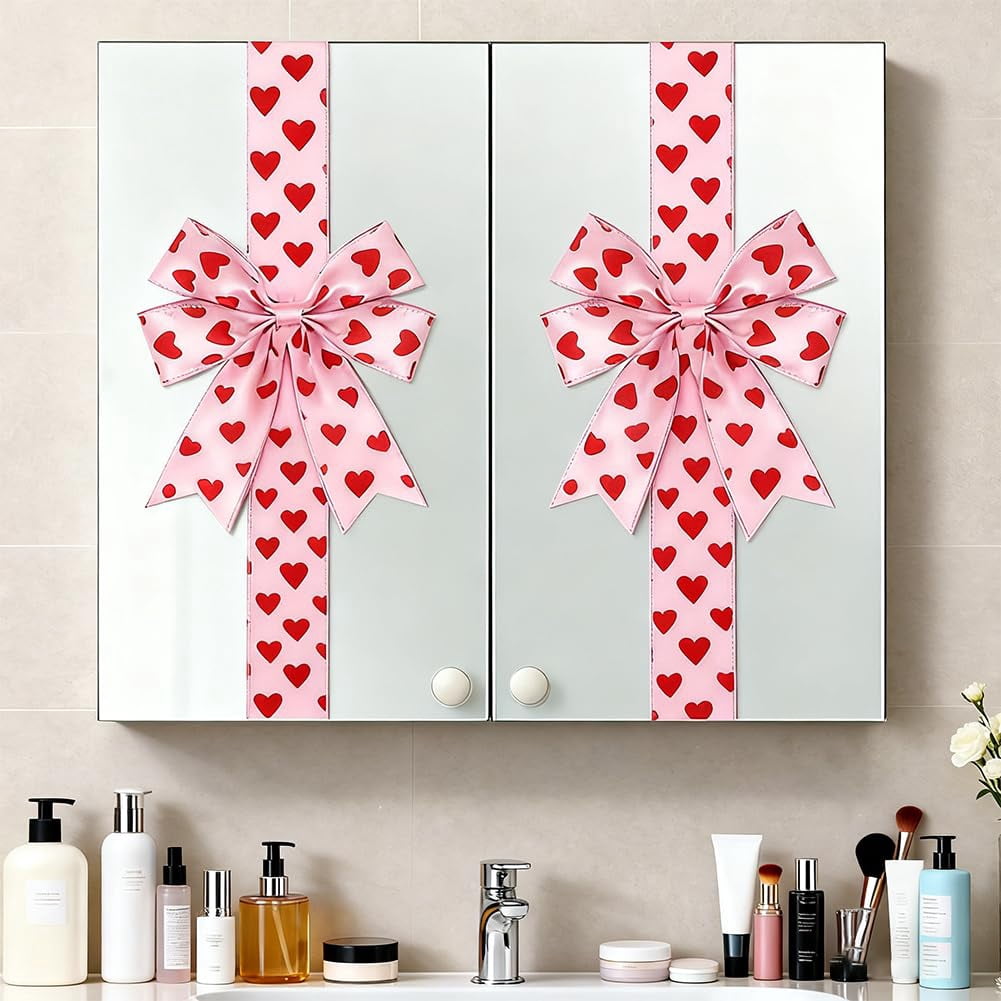 Valentine’s Day Cabinet Bows, Valentine’s Day Pink Heart Large Bow Decoration, 79 x 2.4 Inch Polyester Fringe Giant Heart Bows for Cabinet Doors, Reusable Valentine Home Decor(6pcs Pink)