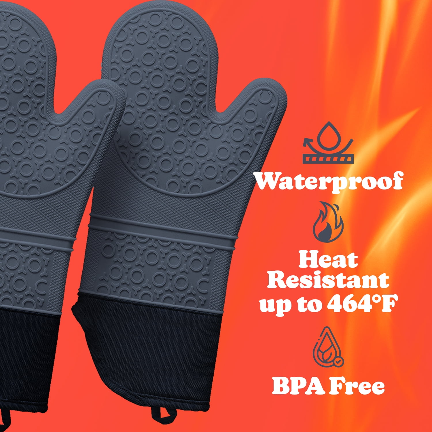 BPA-Free Soft Silicone Oven Mitts - Ultra Heat Resistant Oven Mitts with Thick Cotton Liner - Extra Long Slip Resistant Pot Holders, Flexible Oven Gloves - Gray 14.7"
