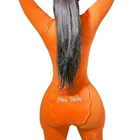 

wsevypo Women s Hey Baby One Piece Onesie Deep V Neck Butt Button Back Flap Jumpsuit Pajamas Bodycon Bodysuit Romper