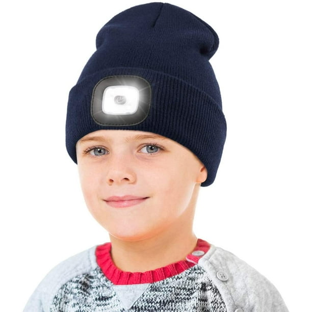 Bonnet à LED avec lumière pour enfants, unisexe rechargeable par USB mains  libres 4 LED pour lampe frontale hiver KnitteLED Night LighteLED Hat lampe  de poche garçons filles cadeaux (bleu marine) 