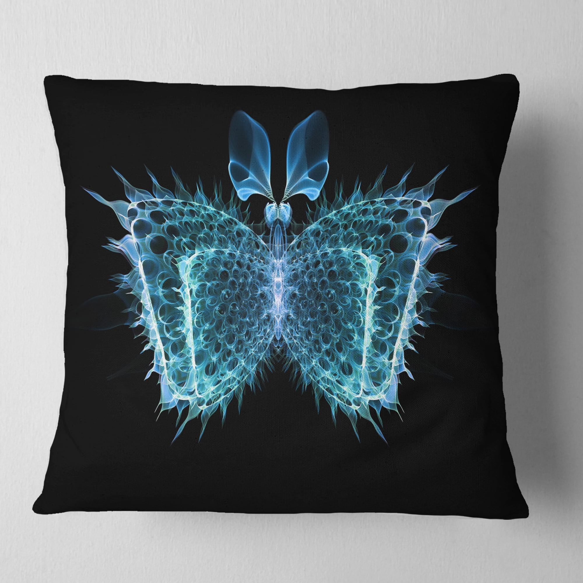 Designart Blue Fractal Butterfly in Dark - Abstract Throw Pillow - 16x16