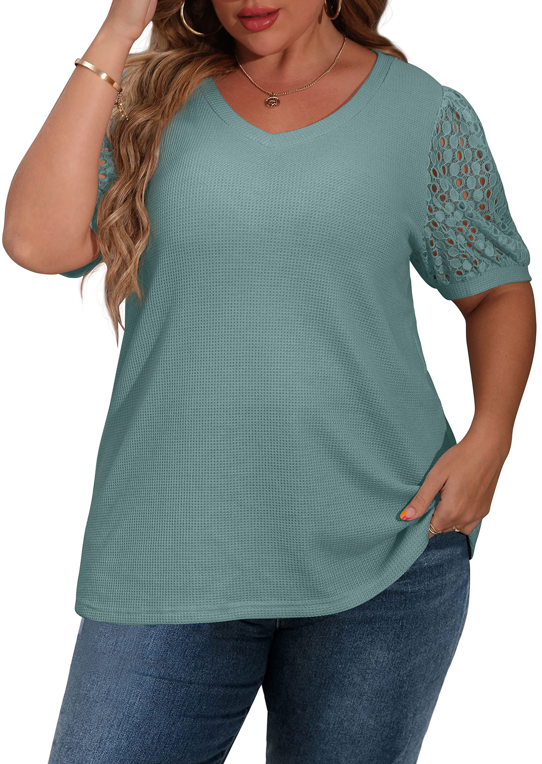 JWD Plus Size Tops For Women Summer Blouse Waffle Knit Short Lace ...