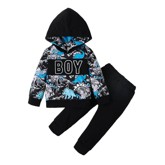 Toddler Baby Boys Clothes Baby Boys Outfits Long Sleeve Dinosaur Print Hooded Top Pants 2PCS Boys Clothing Set Black 12-18 Months