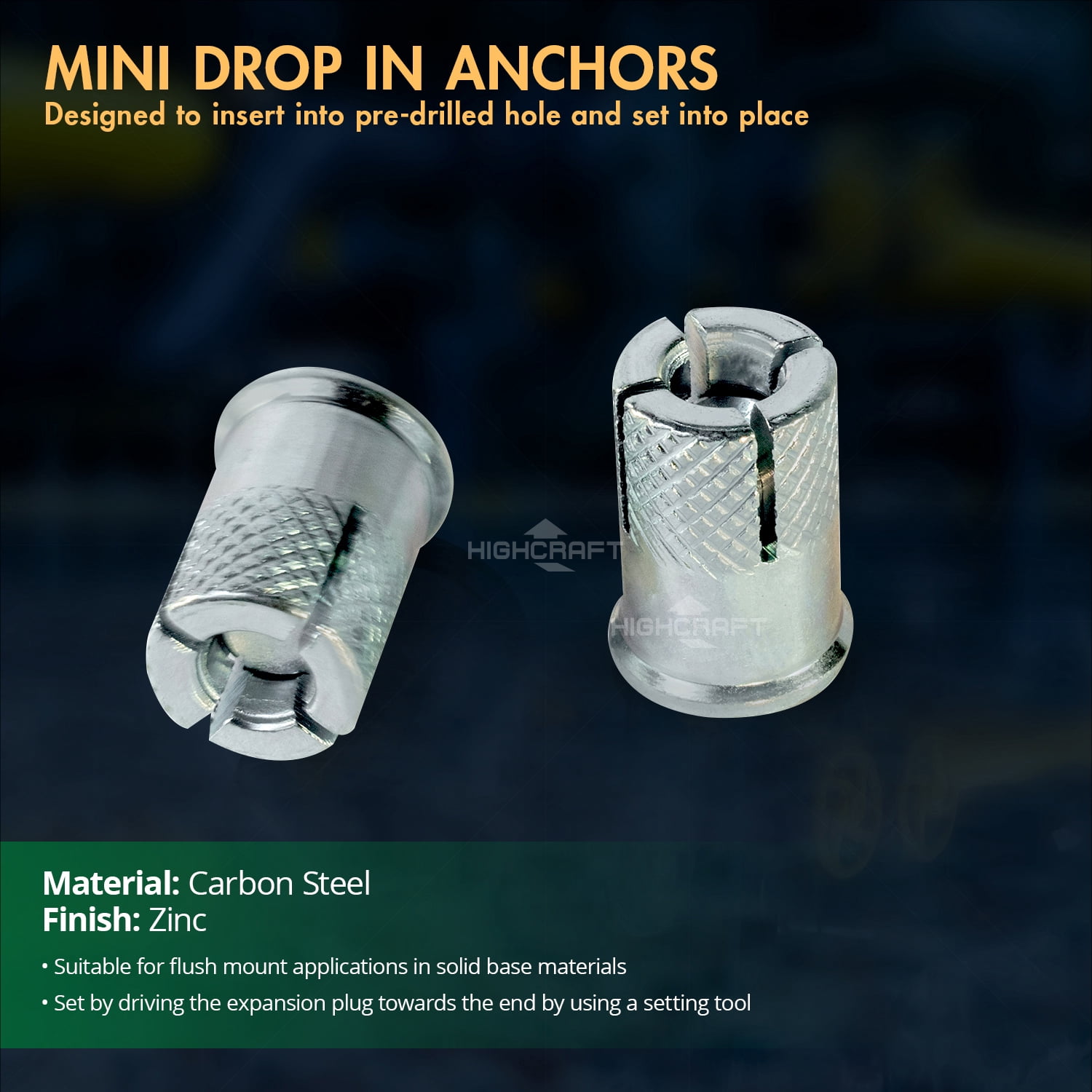 Highcraft 1/2” Mini Drop-In Anchors, Zinc Plated Steel, Knurled, 50 Pk