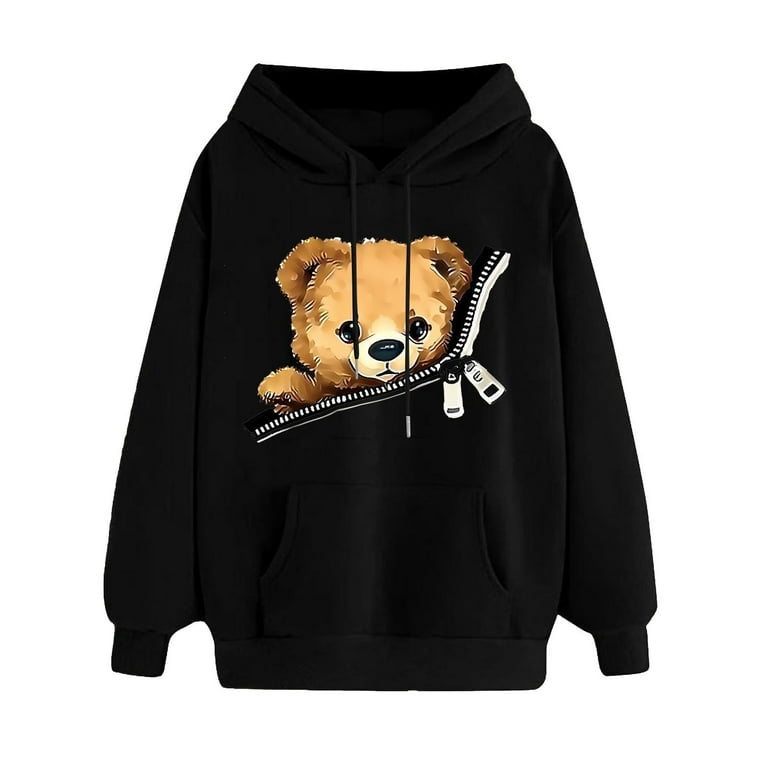 Lcziwo Printed Hoodies for Women Teddy Bear Print Long Sleeve Tops