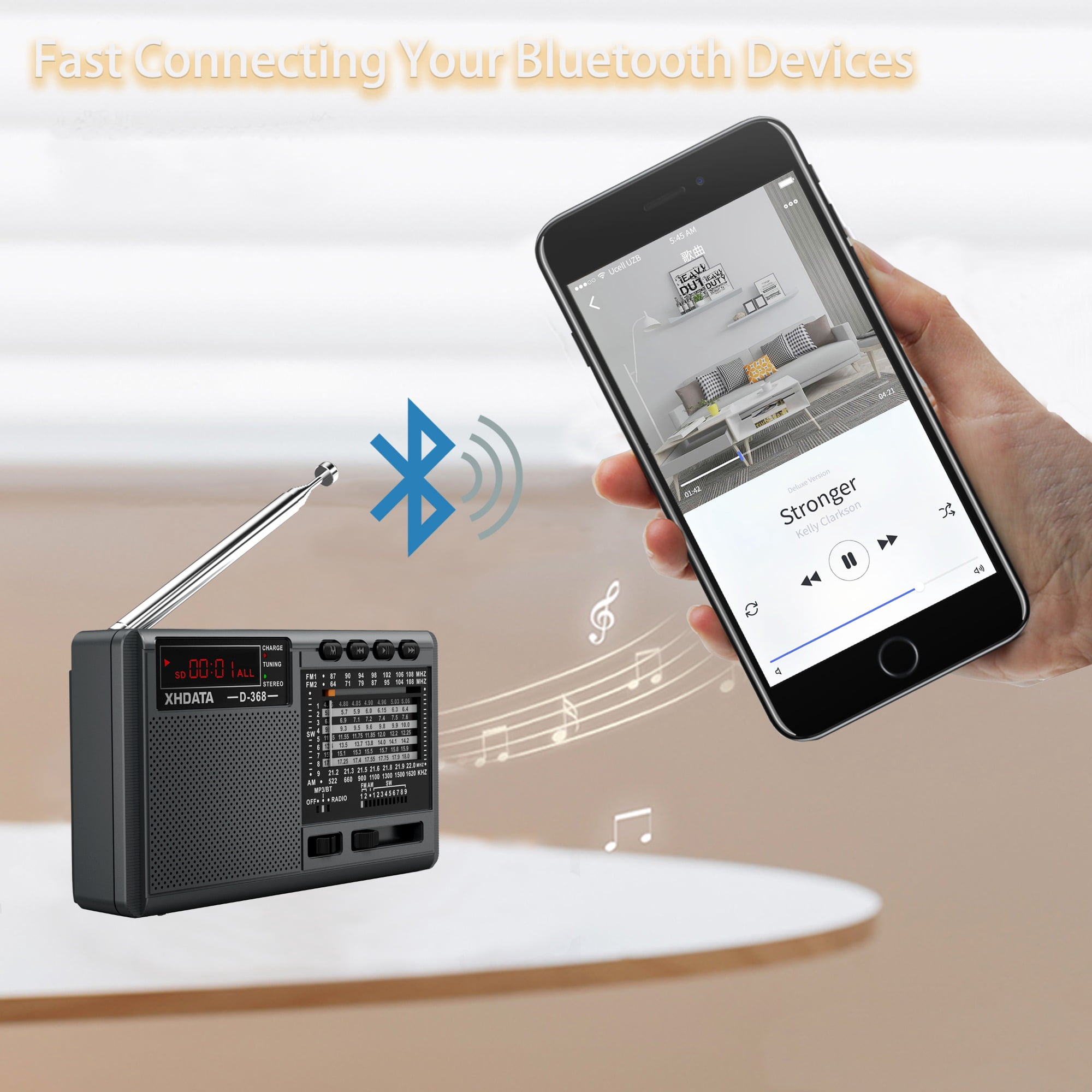 XHDATA D368 Portable Shortwave AM/FM (MW)/SW 12-Band DSP Stereo Radio, MP3 Player, Wireless Bluetooth Speaker with Rechargeable Battery, Multimedia Speaker, Supports Micro SD Card and USB Flash Drive