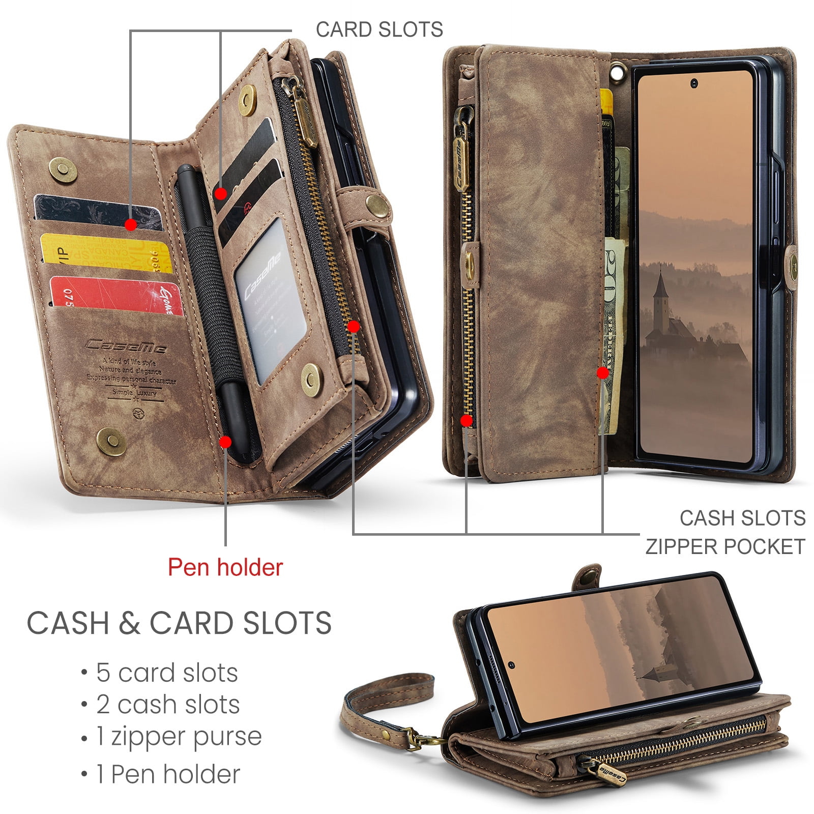 Feishell Durable 2- In-1 Magnetic Detachable Wallet Case for Samsung Galaxy Z Fold 7,for Women Men,Premium PU Leather Zipper Pocket Flip Multi Card Slots Purse Phone Case with Wrist Strap,Darkbrown