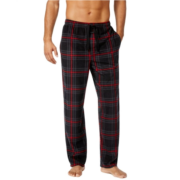 Perry Ellis Mens Plaid Fleece Pajama Lounge Pants, Red, Large