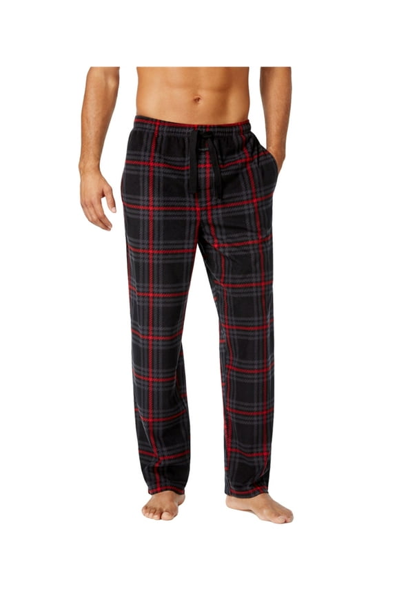 Mens Plaid Fleece Pajama Lounge Pants, Red, Large