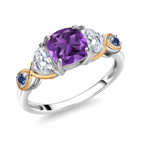 Gem Stone King 925 Silver and 10K Yellow Gold 3-Stone Ring Cushion Amethyst Half Moon Moissanite (1.63 Carat Cttw) (Size 5)