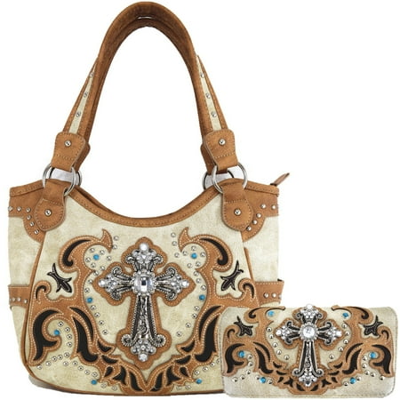 Zoe Handbag Purse - Women's Handbags Concealed Carry Western Rhinestone Cross Shoulder Bag & Wallet Ivory