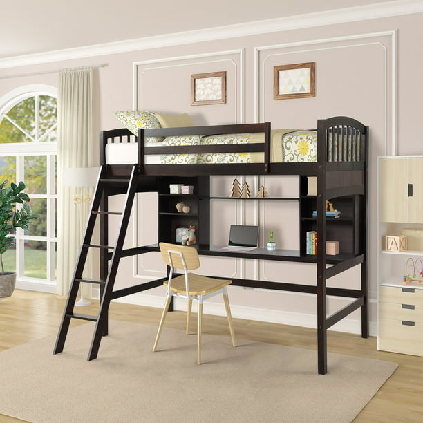 Twin Size Wooden Loft Bed With Storage, Twin Loft Bed With Desk Underneath