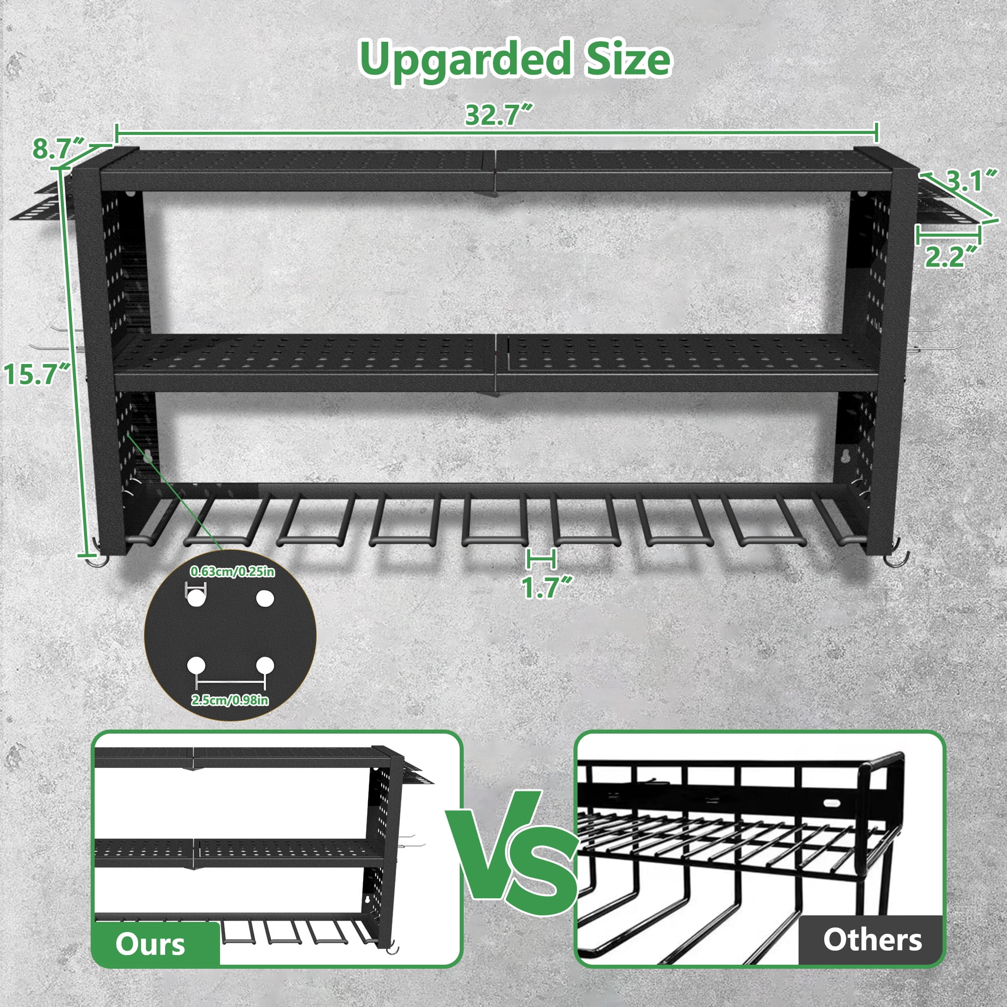 Jhsomdr Power Tool Organizer 8 Drill Holder Wall Mount, 3 Layer Garage Tool Organizer Tool Storage Shelf with Pegboard/Hooks, Utility Racks with Screwdriver/Plier/Hammer Holder