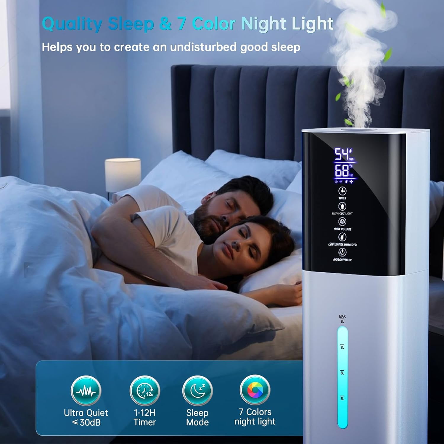 Humidifiers Large Room Bedroom with 7 Colors Light, 8L 2.1Gal Quiet Ultrasonic Cool Mist Topfill Humidifier with 3 Speed Humidistat Essential Oil Tray for Baby Home Plant Yoga Sleep