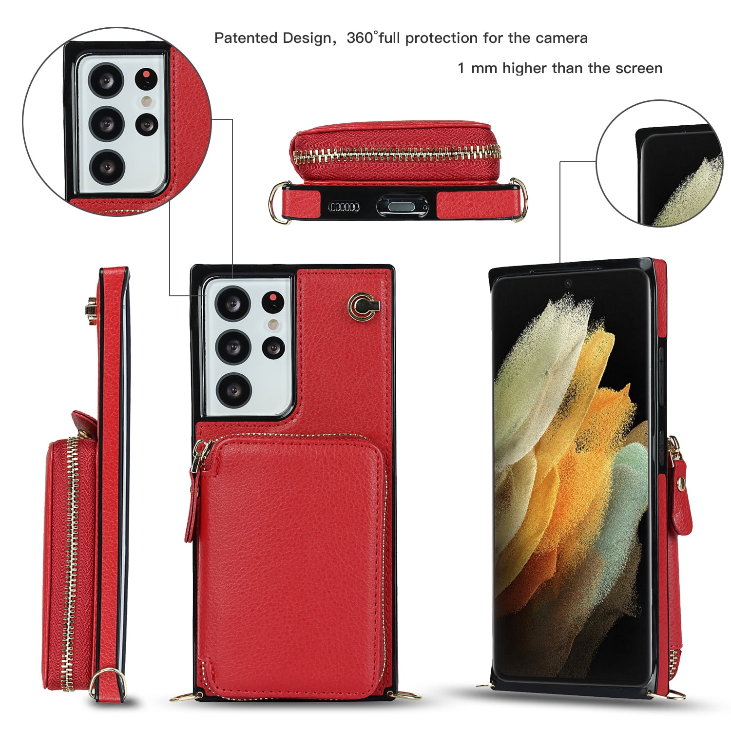 TECH CIRCLE For Galaxy S9 Wallet Case,Card Holder Phone Case for Women, Zipper PU Leather Purse Kickstand Folio Flip Case with Crossbody Strap for Samsung Galaxy S9 5.8" 2018,Red