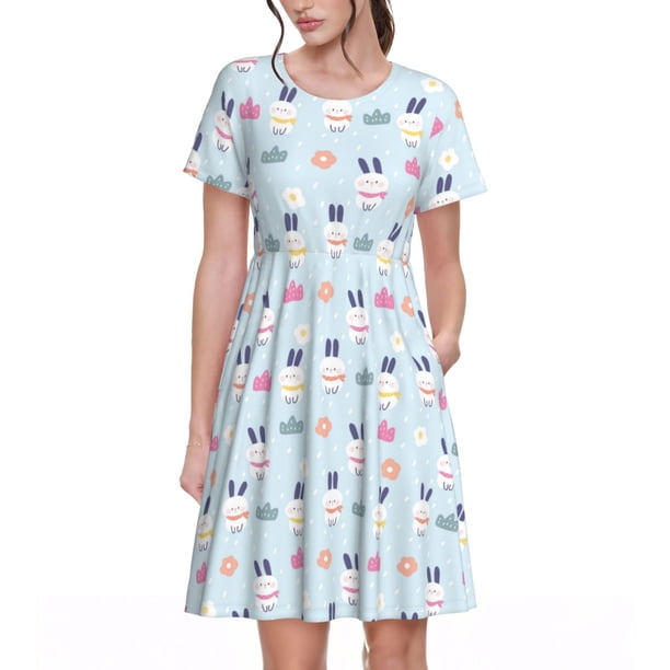 Balery Rabbit In The Rain Vestidos sueltos de manga corta para mujer, vestidos de verano 2025, vestidos casuales de corte A con vuelo.