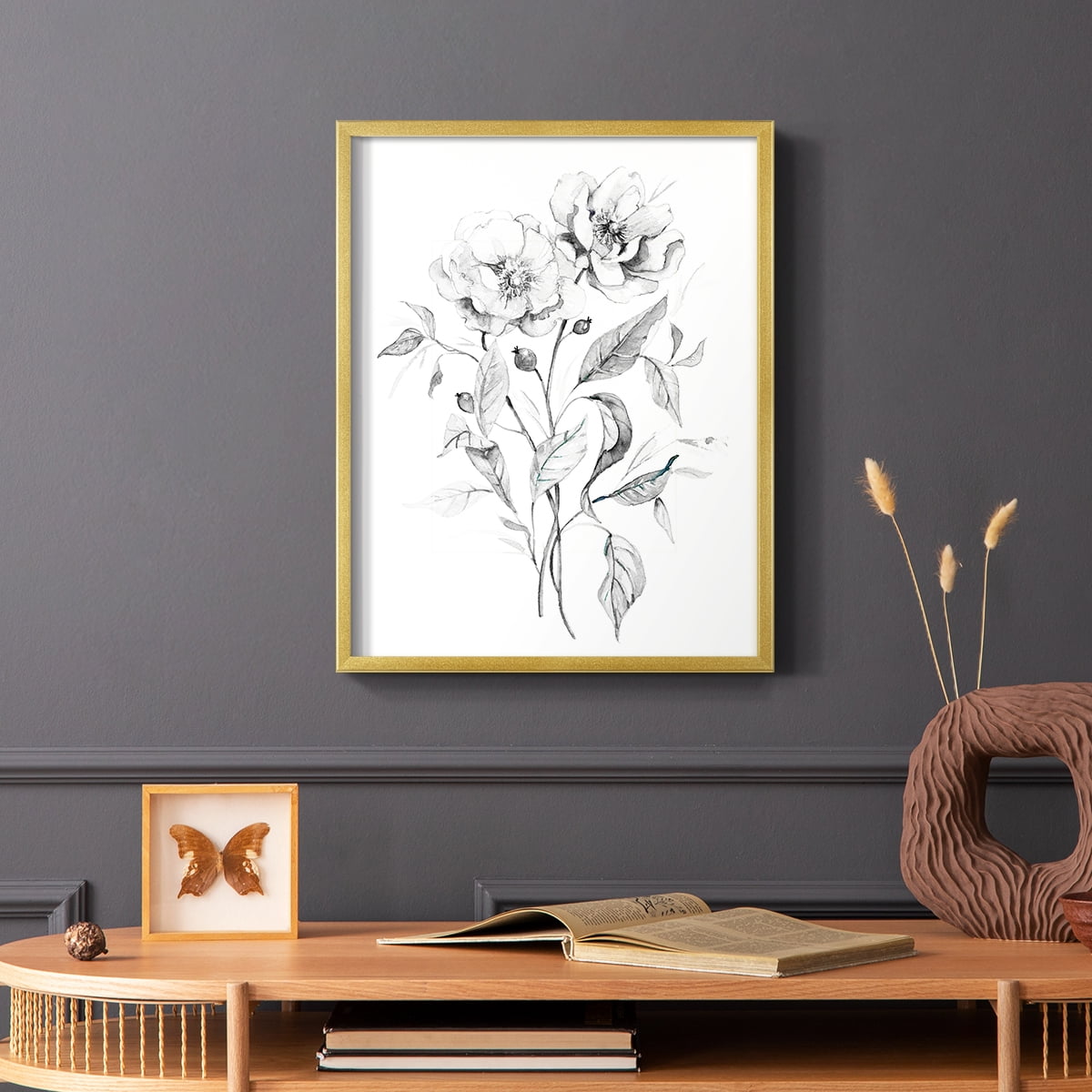 Wild Roses Sketch Framed Print in Gold Solid Wood 11 x 14 Framed Print