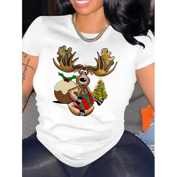 Women's Casual Crew Neck T-Shirt with Creative Gift Reindeer Print, Polyester 95% Spandex 5% Knit Fabric, Medium Stretch, All Season Fashion Top, Christmas Tshirts