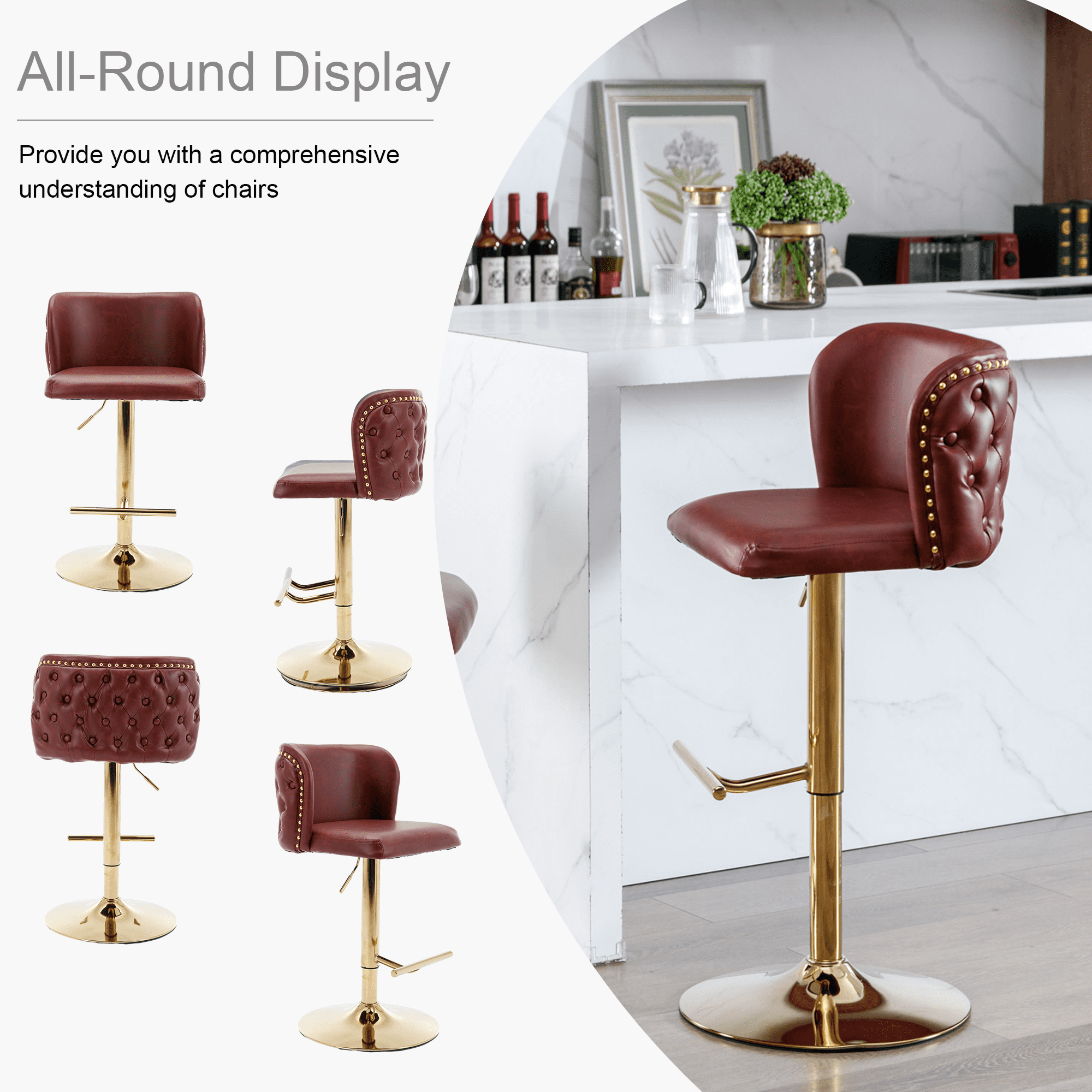 Round Kitchen High Bar Chairs with Golden Base PU Upholstered Bar Stool Chair Height Adjustable from 25-33 Inch Counter Chair with Back Swivel Barstool with Footrest for Kitchen (Set of 8)