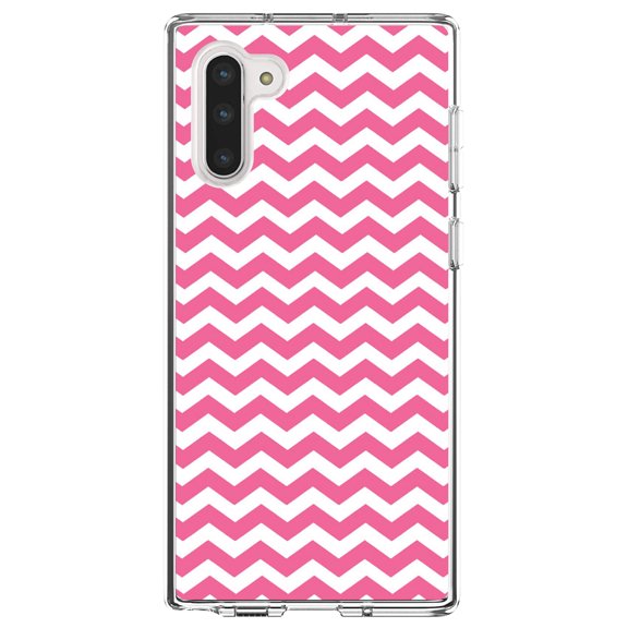 DistinctInk Clear Shockproof Hybrid Case for Samsung Galaxy Note 10 (6.3" Screen) - TPU Bumper, Acrylic Back, Tempered Glass Screen Protector - Pink White Stripes Wave - Stripes Pattern