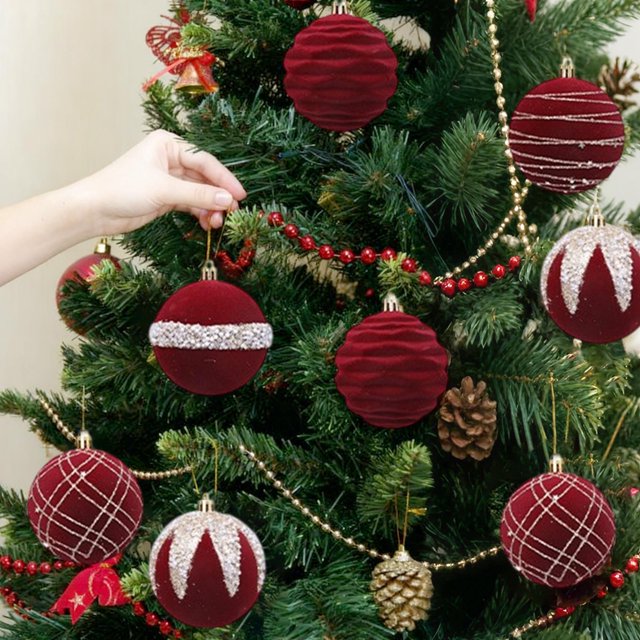 Flocked Christmas Balls, Christmas Ornament Set, Multiple Style Decorations, Macaron Colored Foam Material, 8cm Size, for Christmas Tree Decorating, Holiday Party Decor, Festive Home Accents, 3 Piece