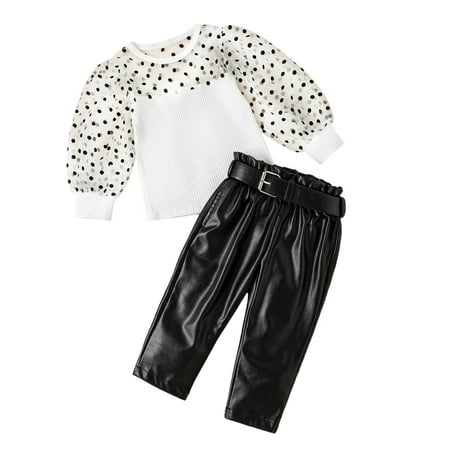 

YTDSCS Kids Baby Girl s Spring Fall Fashion 2 PCS Outfits Toddler Dot Print Bubble Mesh Sleeve Top + Leather Pants Set 1-6T